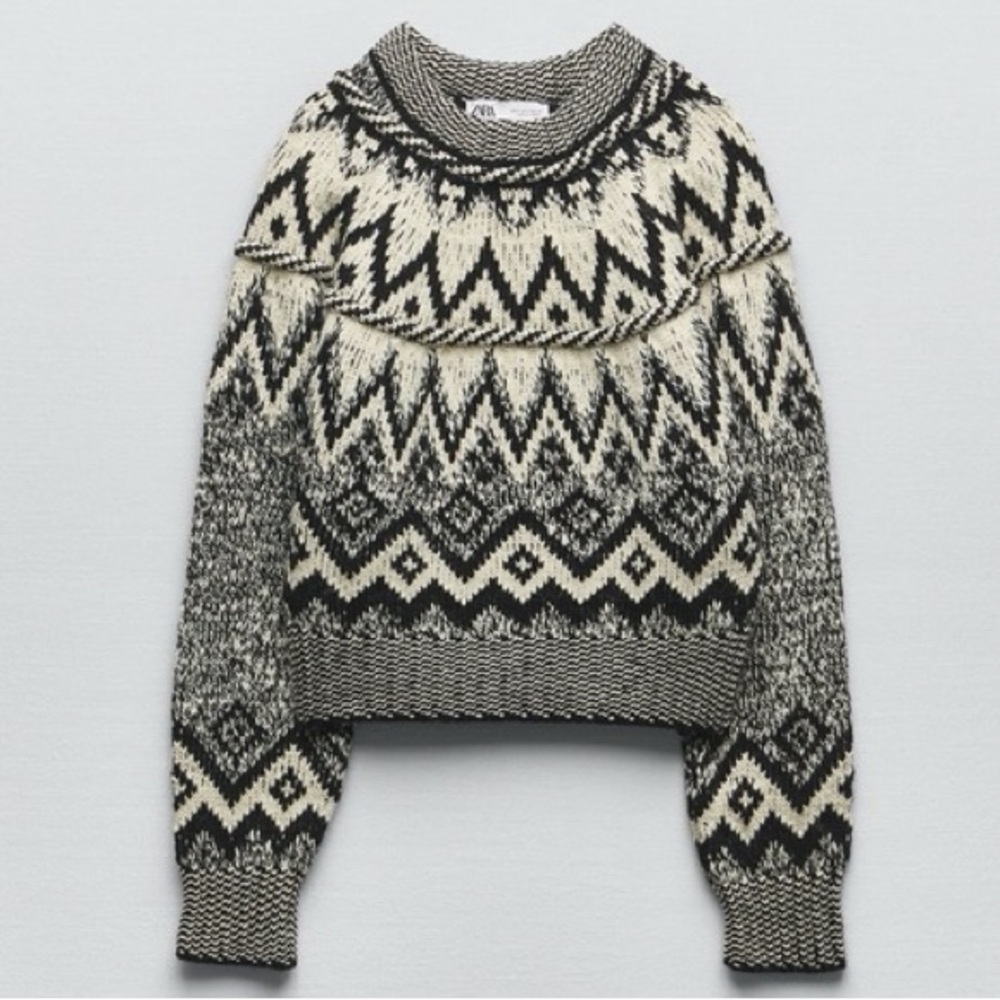 ZARA‎ Black Ecru Cropped Nordic Pattern Jacquard Knit Sweater size Medium